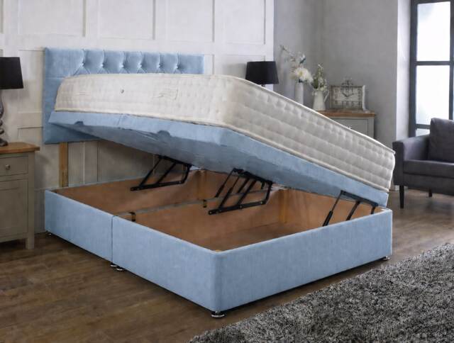 Side Lift 5ft Kingsize Sky Blue Plush Ottoman Bed With Headboard and Mattress