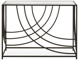 Orsina Mirrored Glass Top Console Table, Sleek Black Industrial Iron Frame with Curved Side Detailing