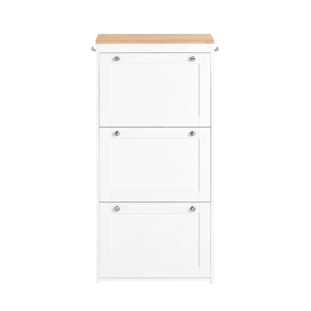 SoBuy 3-Door Flip-Down Shoe Cabinet with 2 Hooks, White & Natural Wood Top, 23.2x10.2x45.7 in, 21.1 kg - FSR144-WN