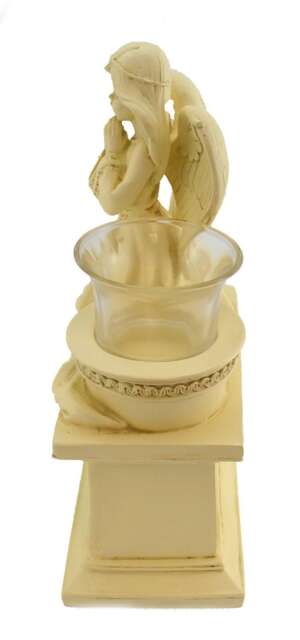 "Large Angel Cherub Praying Kneeling Resin Figurine with Glass T Lite Holder- White Heavy Stone Finish ""Mum"""