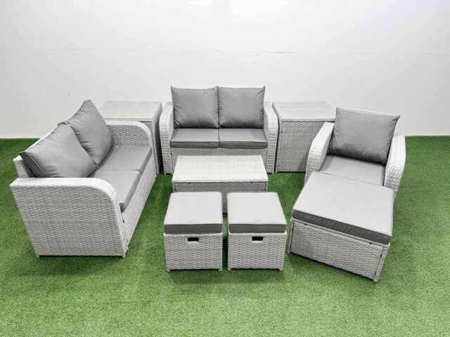 Fimous High Back Poly Rattan Garden Furniture Set with Reclining Chair Loveseat Sofa Rectangular Coffee Table Indoor Outdoor Patio Set 3 Stools 2 Side Table Light Grey