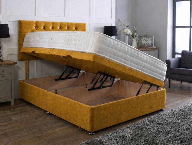 Side Lift 4ft Small Double Mustard Plush Ottoman Bed With Headboard and Mattress