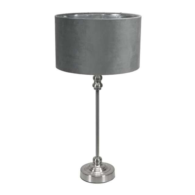 ValueLights Maggie Chrome Candlestick Table Lamp Grey Velvet Chrome Shade Grey
