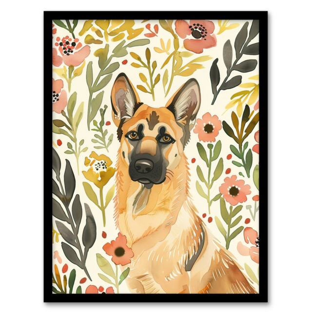 Dog Lover German Shepherd in Wildflower Field Black Framed Wall Art Print A4