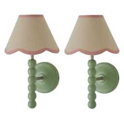 ValueLights Bobbin Pair Green Wall Lights Pink Trim Shade and Bulbs