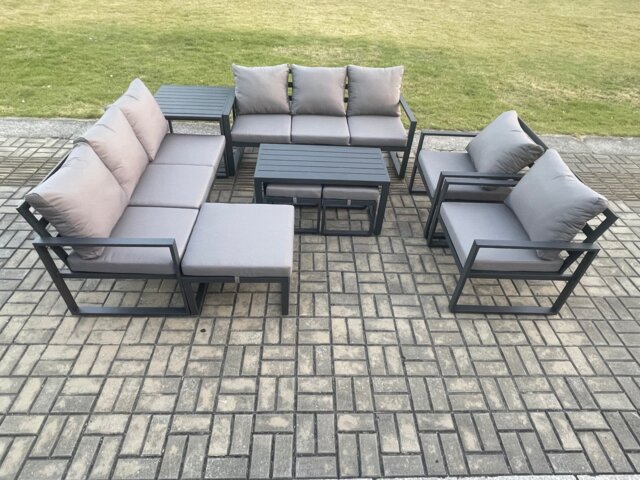 Fimous Aluminium Outdoor Garden Furniture Lounge Sofa 2 PC Chairs Oblong Coffee Table Sets with Side Table 3 Footstools Dark Grey