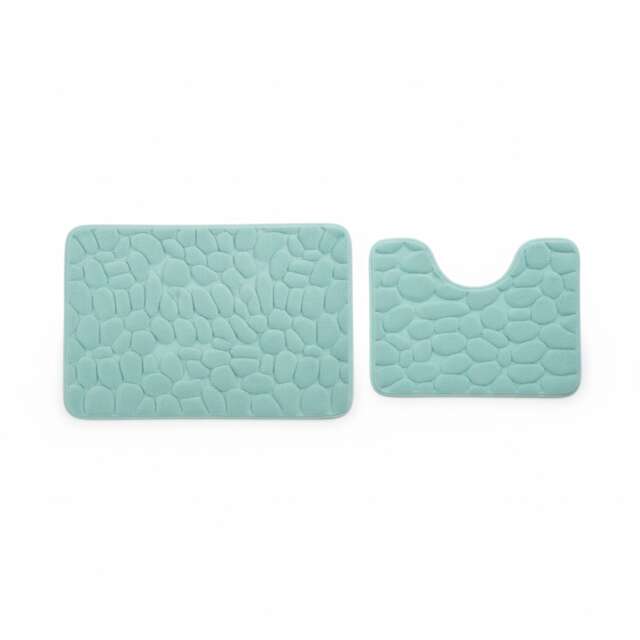 2 Piece Pebble Design Memory Foam Bath Mat Set Soft Absorbent Non-Slip Bathroom Green Aqua
