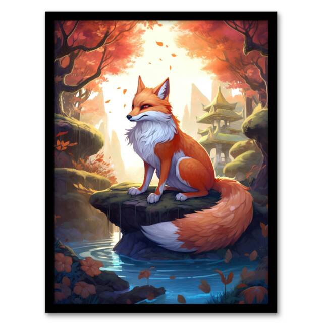 Kitsune Spirit Orange Green Digital Art Black Framed Wall Art Print A4