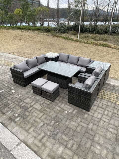 Fimous 9 Seater Outdoor Rattan Garden Furniture Set Adjustable Rising Lifting Dining Table With Side Table Chairs Stools Dark Grey Mixed