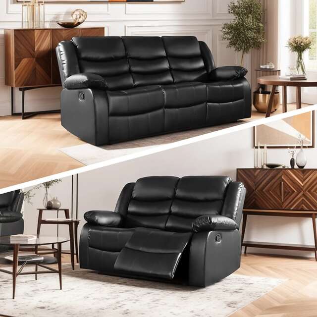 Roma Recliner Leather 3 Plus 2 Seater Sofa Set, Armchair Inspired Home Theatre and Living Room Seating Black Black 2