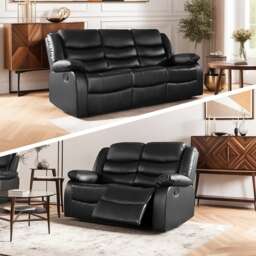 Roma Recliner Leather 3 Plus 2 Seater Sofa Set, Armchair Inspired Home Theatre and Living Room Seating Black Black 2