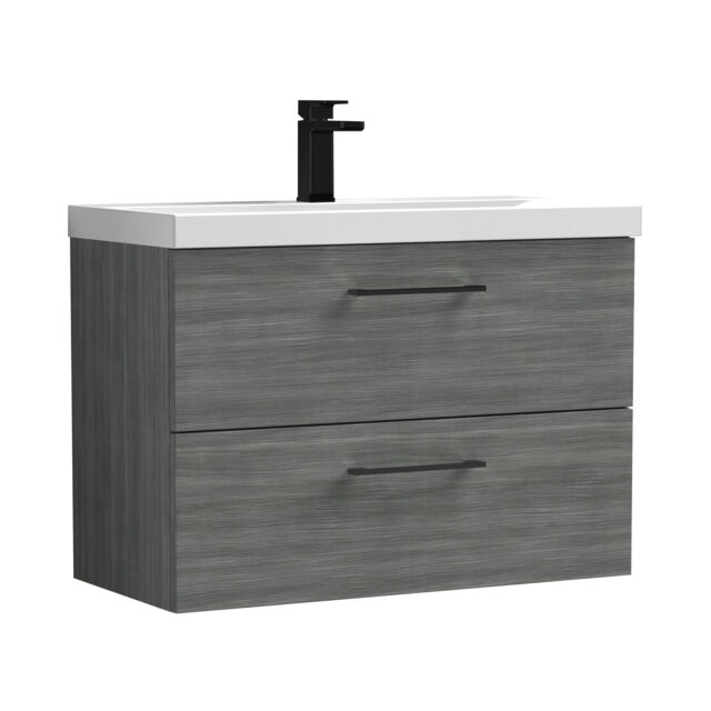 Balterley Wall Hung Bathroom 2 Drawer Vanity Unit and 1 Tap Hole Ceramic Basin, with Handles Grey