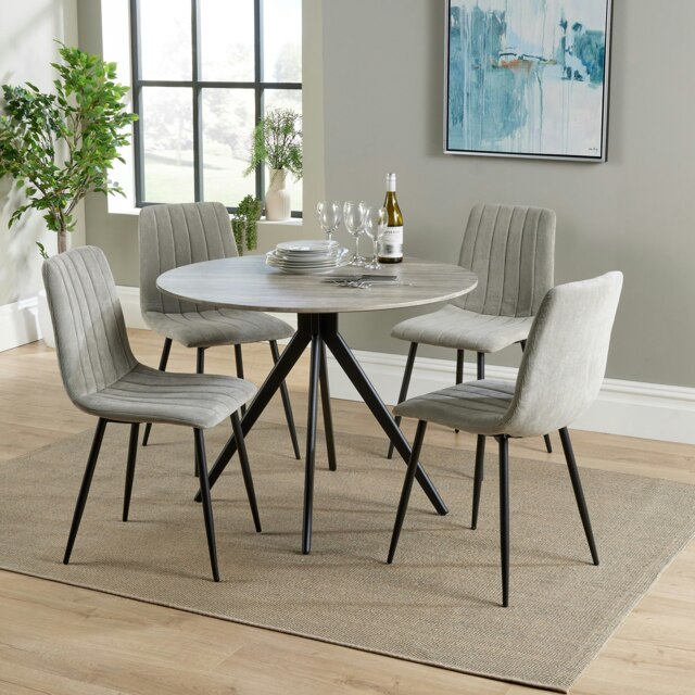 Aspen Grey Oak Effect 100cm Round Dining Table with 4 Straight Stitch Upholstered Fabric Chairs - Modern Dining Set Grey Light Grey One Size 1
