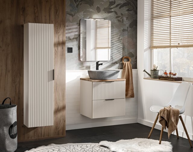 Bathroom Countertop Vanity Sink Unit Fluted Wall Cabinet with Drawers Beige Cashmere 600mm Oak Worktop Adel