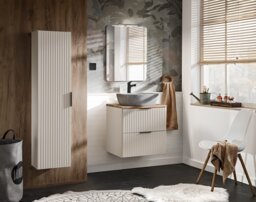 Bathroom Countertop Vanity Sink Unit Fluted Wall Cabinet with Drawers Beige Cashmere 600mm Oak Worktop Adel