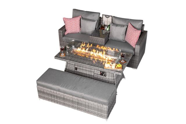 Havana 2 Seat Modular Sofa Rattan Garden Balcony Furniture Set Outdoor Drinks Cooler Table, Fire Pit Coffee Table & Bench Grey Grey Two Seater