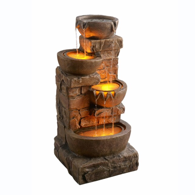 Teamson Home Cascading Bowls & Stacked Stones LED Outdoor Water Fountain, Brown