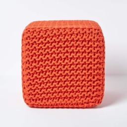 Homescapes Burnt Orange Cube Cotton Knitted Pouffe Footstool Orange 35 x 35 x 35 cm