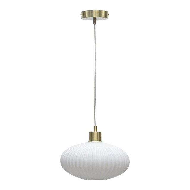 Baton - White Ribbed Oval Glass with Satin Brass Pendant Fitting White White 1