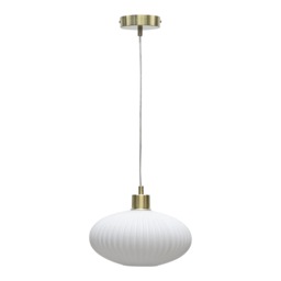 Baton - White Ribbed Oval Glass with Satin Brass Pendant Fitting White White 1