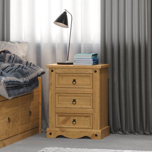 Corona 3 Drawer Premium Bedside Table - Solid Pine Nightstand with Metal Hardware Brown Antique Waxed Pine One Size 1