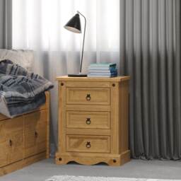 Corona 3 Drawer Premium Bedside Table - Solid Pine Nightstand with Metal Hardware Brown Antique Waxed Pine One Size 1