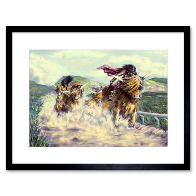 "Scottish Highland Coo Hairy Cow Race Scotland Painting 9x7"" Black Framed Wall Art Print"