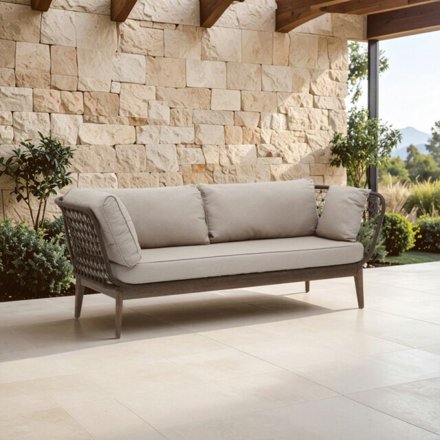 Interiors by Premier Three Seat Sofa, Rattan Outdoor Sofa, Long Lasting Rattan Lounge Sofa for Living Room with Grey Cushioning Cream Three Seater