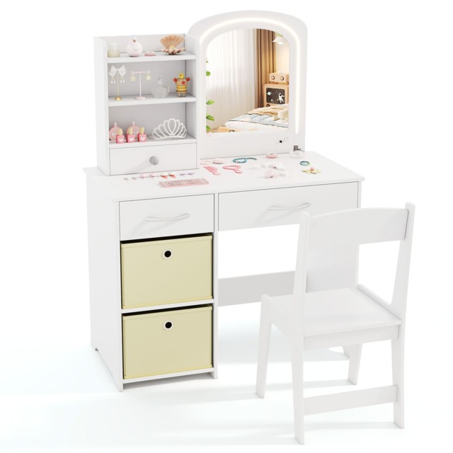 COSTWAY Kids Vanity Set Princess Makeup Desk and Chair White