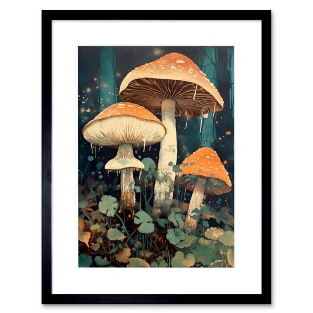"Mushroom Fungi Watercolour Magical Forest Pastel Kitchen 9x7"" Black Framed Wall Art Print"