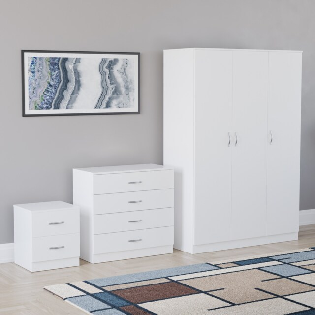 Vida Designs Riano 3 Piece Bedroom Set (2 Drawer Bedside Chest, 4 Drawer Chest, 3 Door Wardrobe), White (5)