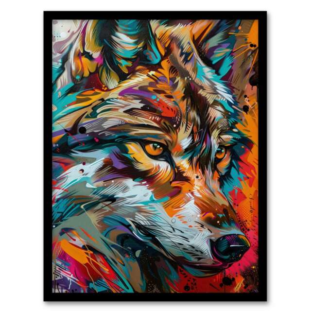 Colourful Abstract Wolf Head Portrait Home Decor Black Framed Wall Art Print A4