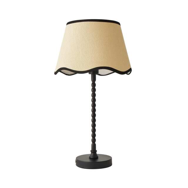 ValueLights Maeve Natural Scallop Black Trim Shade Matte Black Bobbin Bobble Table Lamp Black
