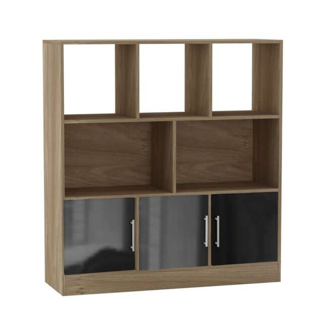 Asymmetrical 8 Cube Oak Freestanding Bookcase Shelf Storage Unit with 3 Doors Black Gloss Doors - Black 1