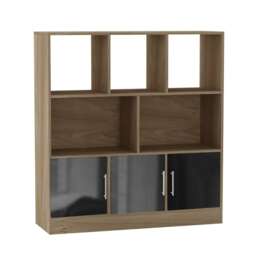 Asymmetrical 8 Cube Oak Freestanding Bookcase Shelf Storage Unit with 3 Doors Black Gloss Doors - Black 1