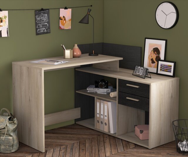 FURNICOMP Porto 2 Drawer Black and Oak L Shaped Corner Desk