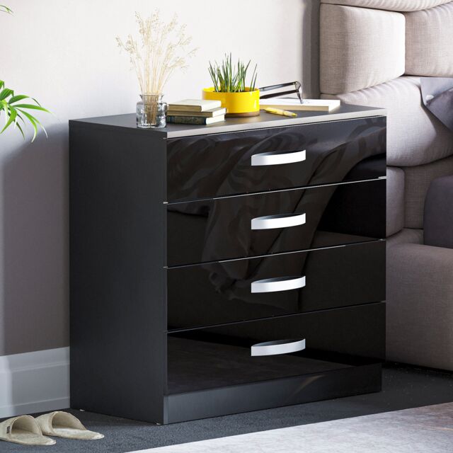 Vida Designs Hulio 4 Drawer Chest of Drawers High Gloss Bedroom Storage, Black
