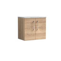 Balterley Level Wall Hung 2 Door Vanity Unit with Laminate Worktop for Compact Natural-Wood Bathroom Storage Brown Bleached Cuneo Oak