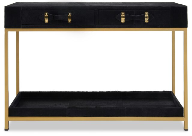 Interiors by Premier Hair on Hide Console Table, Black Modern Console Table with 2 Drawer Storage, Luxe Design with Gold Frame Black