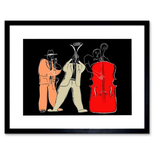 "Jazz Music Bass Saxophone Trumpet Players Musicians 9x7"" Black Framed Wall Art Print"