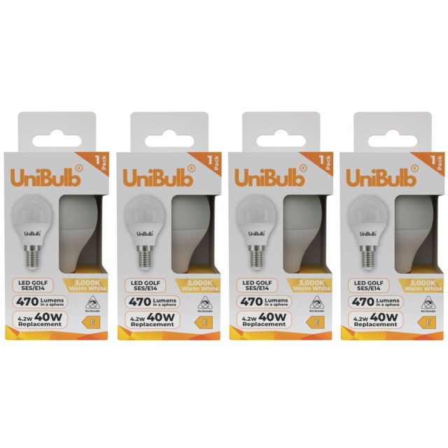 UniBulb LED Golf Ball E14 Small Edison Screw (SES) 470lm 4.2W (Replaces 40W) 3000K (Warm White) Light Bulb - Pack of 4 White Warm White 4