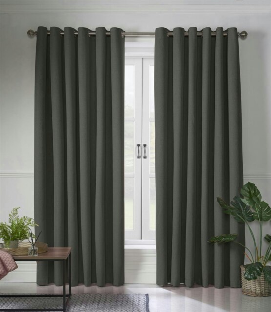 Linen Look Blackout Ring Top Eyelet Curtains - 229cm x 183cm - Charcoal
