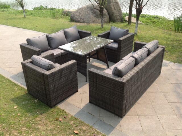 Fimous 8 Seater Lounge Rattan Sofa Set Dining Table Armchairs Garden Furniture Outdoor With Clear Tempered Glass