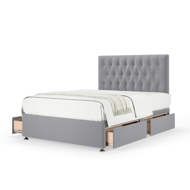 Super Ortho Orthopaedic Silver Plush Velvet 4 Drawer Divan Set And Lona Headboard Double