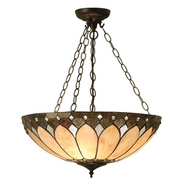 Brooklyn 3 Light Large Inverted Ceiling Pendant Dark Bronze, Tiffany glass, E27