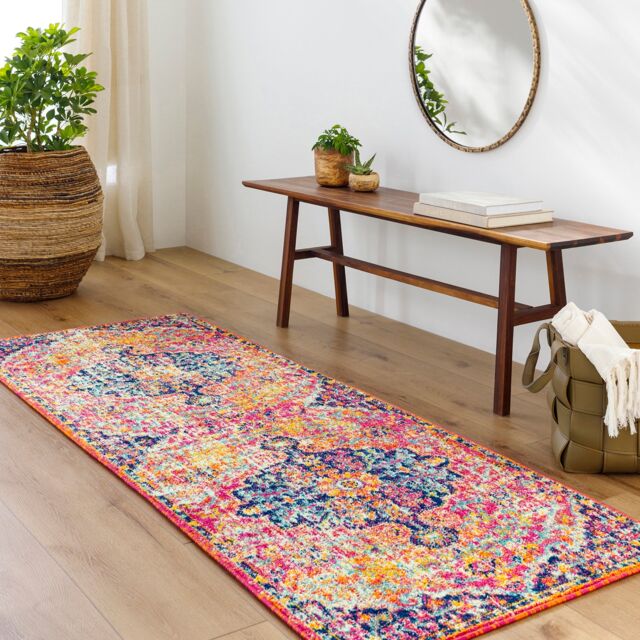 LIVABLISS Harput-Vintage Traditional Boho Rug 80 x 220 cm Blue Orange Yellow Grey