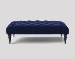 Alyana 90cm Rectangle Ottoman Bench with Wooden Legs- Sapphire Blue Plush Velvet Chesterfield Upholstered Footstool