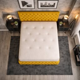 2ft6 Small Single chesterfield mustard plush divan bed with headboard and footboard 2 Drawers Right Side Laying in Bed