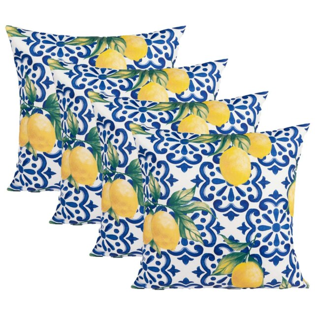 OHS 4 x Water Resistant Outdoor Lemon Garden Chair Cushion Covers, 45x45cm - Blue