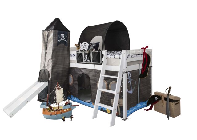 Moro Kids Cabin Bed Midsleeper with Slide & Pirate Hideaway Tent, Tower & Tunnel in White